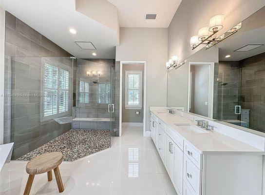 This was a new construction home so the shower and all tile was placed effortlessly. Like I have done this a few times.