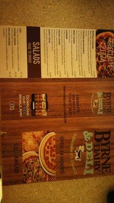 Backside of Byrne Dairys food menu.