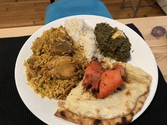 Chicken Biryani, Saag Paneer, Chicken Tikka, Naan