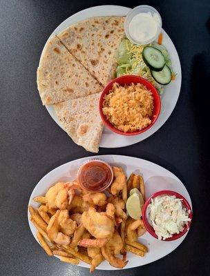 Quesadilla plate and fried shrimp plate.