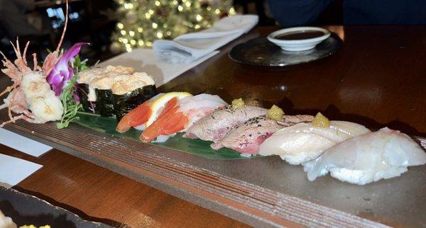 Botan Ebi (head), Spicy Chopped Scallop, Botan Ebi (tail), Wagyu, last 2 were Madai and Hamachi (not sure in what order)