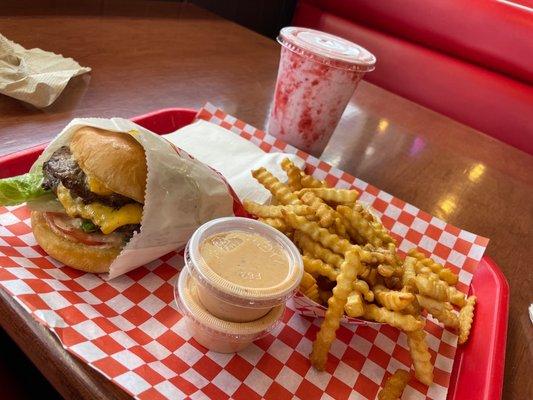 The double with fries and the fry sauce and strawberry shake