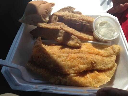 2 large pieces of Fried Flounder & Potato Wedges (many potato wedges) for $5.99 - very good.