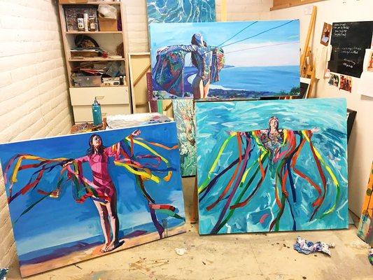 in progress #RainbowRibbonMagic paintings in the studio