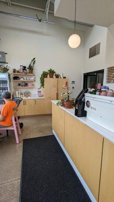 Counter, waiting area, and cream and sugar counter. The door in the back leads into Kingma's