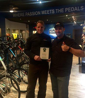 Accepting Pocono Records award for Best Bicycle Shop in 2017!