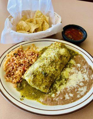 Chile Verde Burrito plate. Tasty and good size. The rice is very nice.