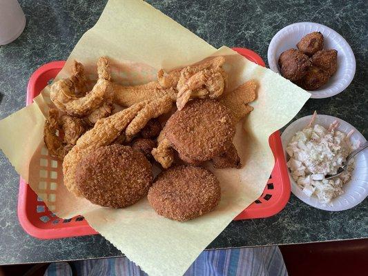 Catfish, shrimp, crab cakes, hushpuppies, coleslaw