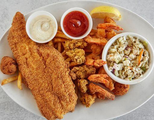 Seafood Platter with catfish, shrimp and oysters.