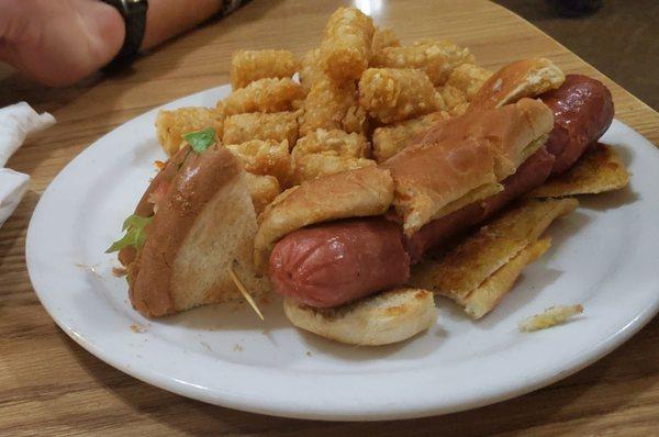 Kids hot dog and tater tots.