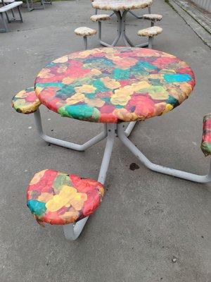 Picnic table outside the snack bar at The Blue Fox Drive-In