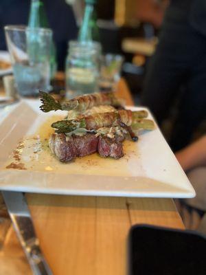 Prime ribeye with bacon wrapped asparagus