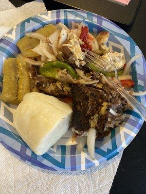 Tilapia, boiled plantain, pounded yam