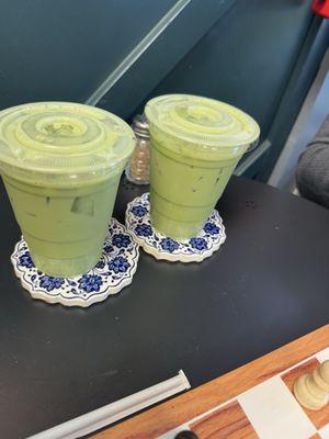 Iced Matcha Latte with vanilla syrup and oatmilk