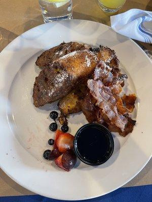 Yummy. French toast bacon and fruit