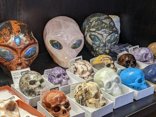 New shelf of crystal skull carvings upstairs near the Third Street Oddities booth.