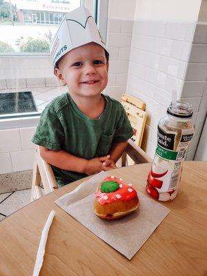 His first Krispy Kreme donut and trip