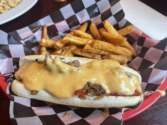 Fat tire Cheese bomb with the house Beer Cheese. The fries are also perfect