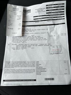 Also gouging of labor charge subaru says service center install is about 1hr and Subaru of Ontario repair center appears to be 900+ per hr