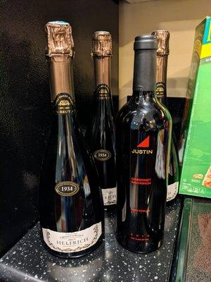 Helfrich Brut champagne. $12.99/bottle. Justin Cabernet Sauvignon 2018. $19.99/bottle.