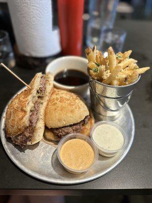 Burger dip, au jus and Parmesan truffle fries