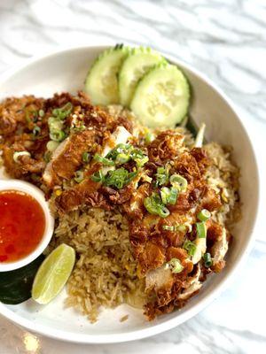 Fried chicken over fried rice