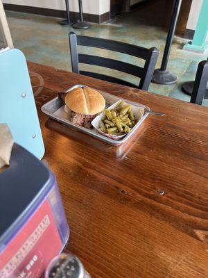 Brisket sandwich with loaded green beans