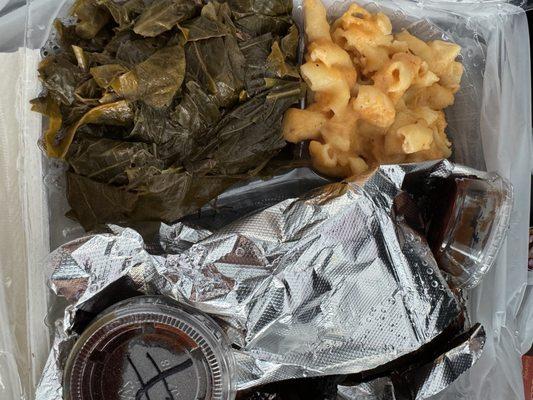 Combo Dinner Plate with collard greens and Mac Mac 'N Cheese