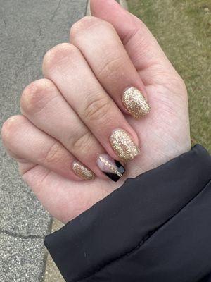 Fill with gel polish and designs on 2 nails, $55