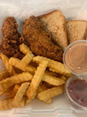 Two Piece Chicken Tenders, Fries, and Toast