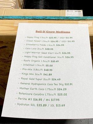 Prices for soil and growing mediums