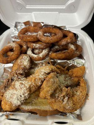 Chicken Tenders with lemon pepper and onion rings