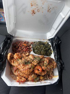 Fried turkey chops and shrimp over dirty rice, collard greens and crazy beans.