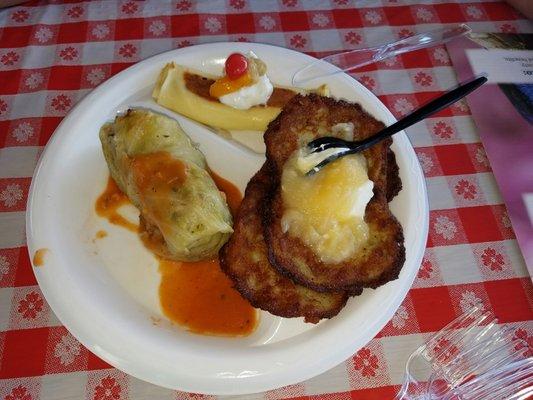 Cabbage Roll, Potato cakes (applesauce & sour cream), and crepes with fruit