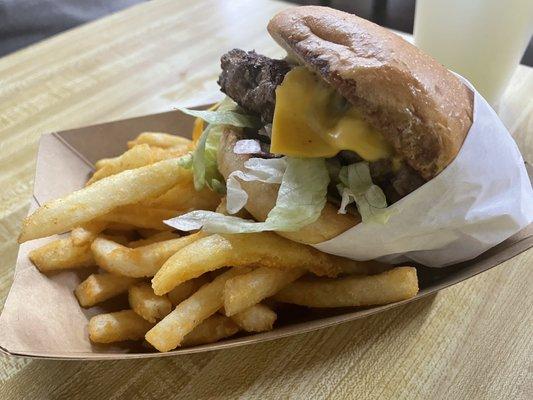 Cheeseburger and fries!  Yum!