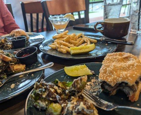 SoDo 45 Dover, NH Swiss and Mushroom burger with Crispy Brussels Caesar Salad