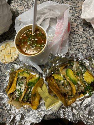 Tacos de fajita with frijoles charros