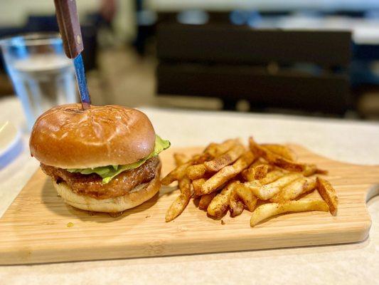 Vegetarian chicken sandwich and fries