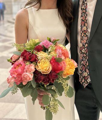 Beautiful bouquet with lots of dimension and greenery.