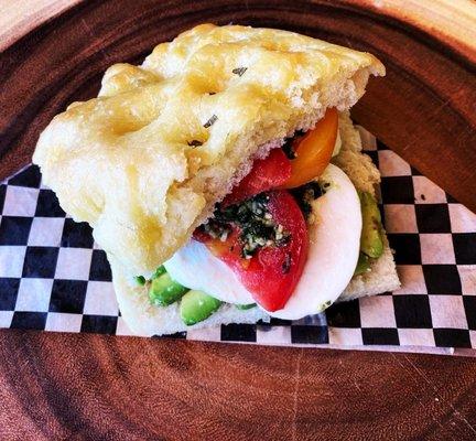 Photo from their FB page - "Caprese Avocado Sandwich on our house Focaccia"