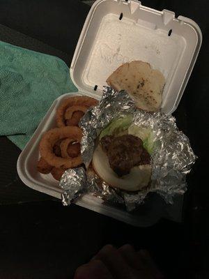 One burger broke in half to make a double