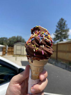 North Star Cone, vanilla soft serve with chocolate shell, sprinkles and sea salt.