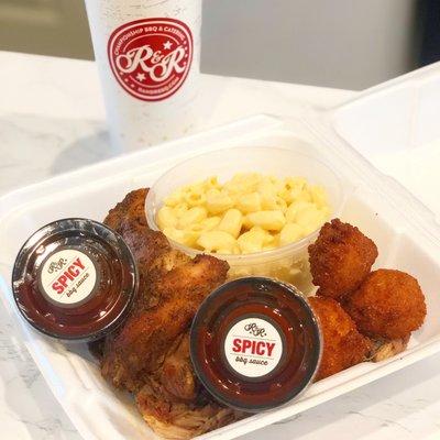 2 Meat Plate - Pulled Pork, Boneless Chicken Thigh, Hush Puppies and Mac & Cheese