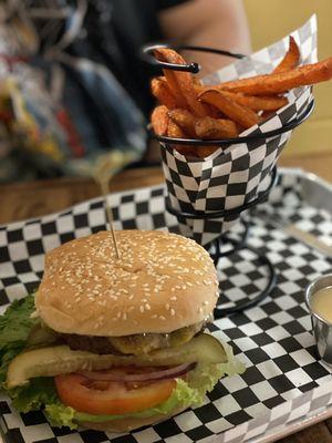 Captain America Burger with sweet Sweet Potato Fries