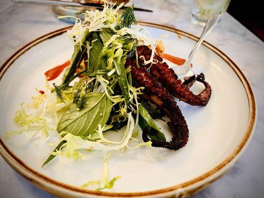 charred mediterranean octopus, ensalada russa, sherry pimenton vinaigrette, herb salad