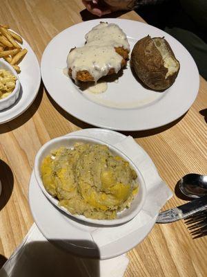 The chicken fried chicken with baked potato, and squash casserole.