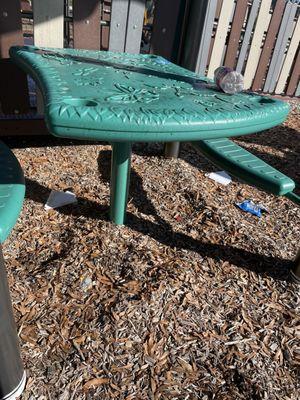 Food box and soda bottles left behind along with soda spilt on the table.