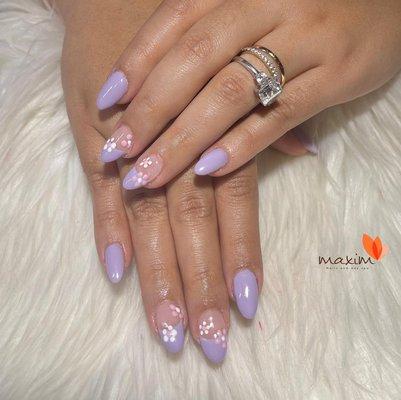 Full set Almond Acrylic with purple tip and flowers designs