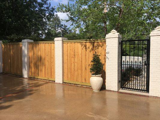 8' Cedar Privacy Fence with Trim in between existing brick columns