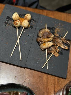 Quail egg and blue oyster mushroom skewers